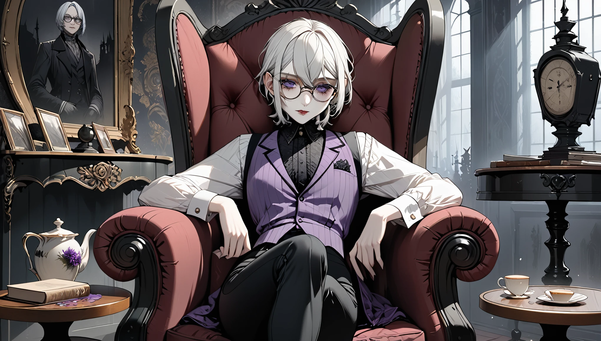 (ultra details, Masterpiece, best quality), ((masterpiece, best quality)), (illustration), ((Extremely exquisite and beautiful)), score_9, score_8_up, score_7_up, uncensored femboy, short hair, white hair, pale skin, lavander eyes, sly expression, round glasses, vintage clothes (ultra details, Masterpiece, best quality), black shirt, purple vintage vest, tight black pants, sitting in armchair near a round table, vintage room, Bloodborne, gloomy, gothic horror, Dark Novel, Dark Art Painting Style
