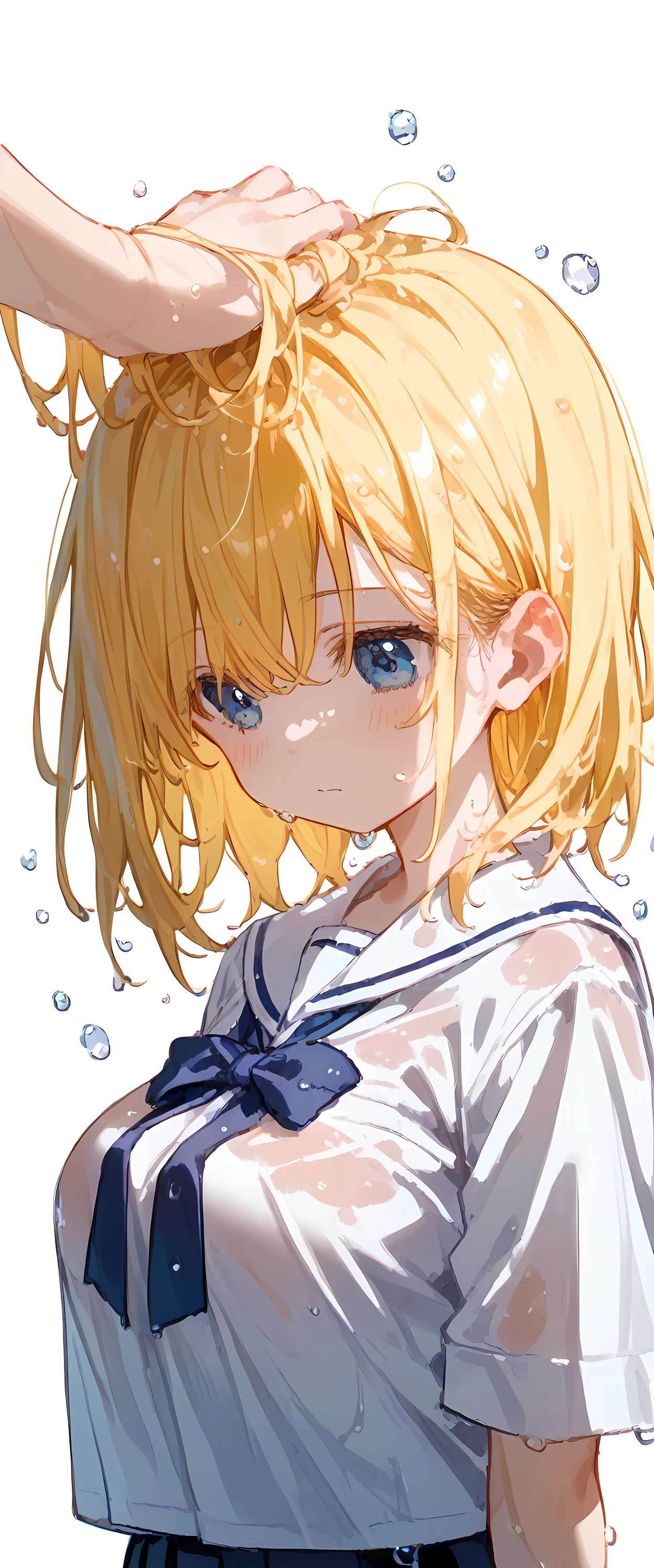 (((White background)))(A high-resolution masterpiece, 超High resolution, high detail, High resolutionモデル, Best Quality:1.2), Young Girl,White skin,  Blonde bangs, Highlight color hairstyle,Inner Color, Behind the ear,Large Breasts, blue eyes, Wet Hair, Diagonal bangs, Hair covering the eyes:1.3, Cookhold Subjective(masterpiece:1.5), Super detailed, High resolution, 8k, Beautiful details, 1 cute girl, Young girl with short blonde bob, Blue droopy eyes, short hair, Large Breasts,Magic school uniform,I'm being pat on the head with embarrassment
