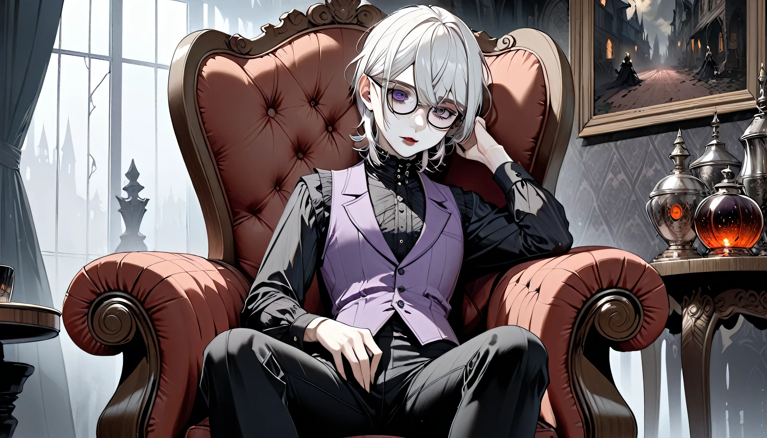 (ultra details, Masterpiece, best quality), ((masterpiece, best quality)), (illustration), ((Extremely exquisite and beautiful)), score_9, score_8_up, score_7_up, uncensored femboy, short hair, white hair, pale skin, lavander eyes, sly expression, round glasses, vintage clothes (ultra details, Masterpiece, best quality), black shirt, purple vintage vest, tight black pants, sitting in armchair near a round table, vintage room, Bloodborne, gloomy, gothic horror, Dark Novel, Dark Art Painting Style
