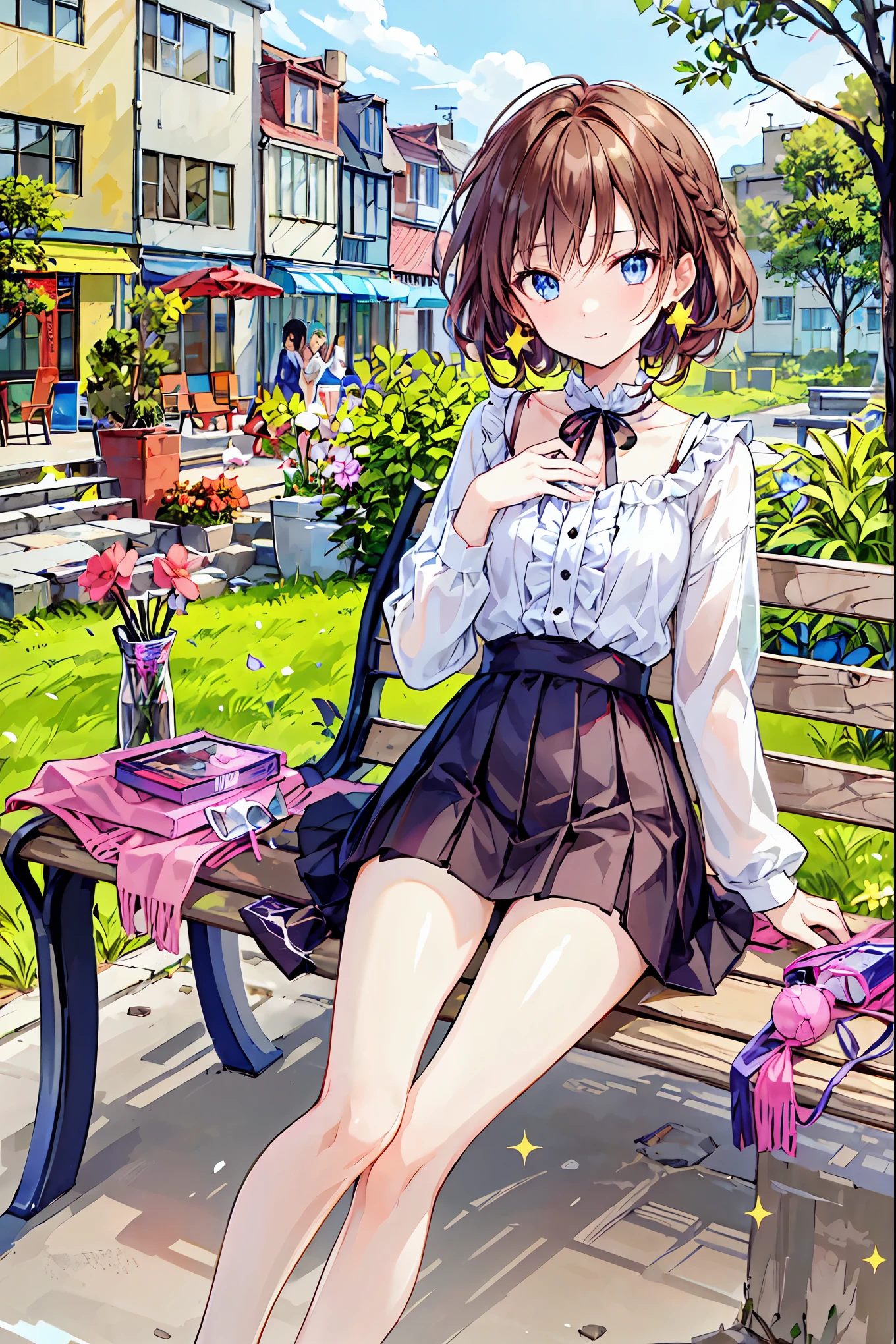 (masterpiece:1.6, highest quality), (fine and beautiful eyes: 1.2), (Lens flare, particles of light, shine),PhD_Kato, Katouhdlong, alone, brown hair, have, upper limbs, short hair, brown eyes, hat has been removed, dress, took off the hat, white stockings, White dress, Wear a hat, frills太もも, bangs, open your mouth, frills, 赤いJacket, Jacket, zettai ryouiki, petal, ribbon, holding, white hat, blush, panty shot, (full body esbian),