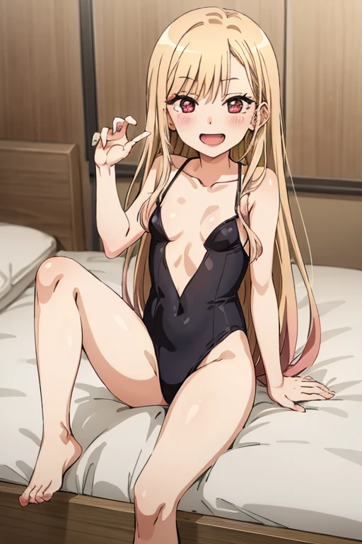 ((Best Quality)), ((masterpiece)), (be familiar with), Perfect Face, indoor, bedroom, Watching the audience,
One woman, Kitagawa Marin,
Open Mouth, Ecstatic expression, blush, smile,
Small breasts, Flat Chest, , , child, Girl,
Long Hair, Long Hair,
Leg spread,