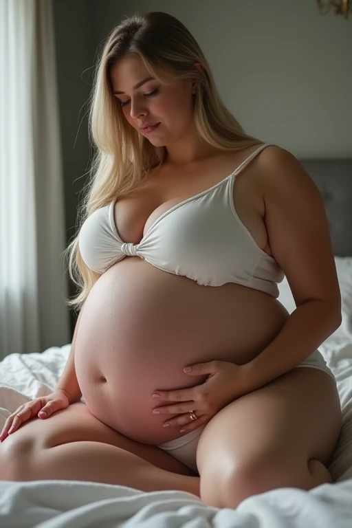 A very young and very fat woman, long wavy dark blonde hair, sitting on couch, wearing nothing, naked, kinda large breasts, very large belly, exhausted facial expressions, patting her belly, very chunky fat thighs, very stuffed belly, very round belly, belly hang, very heavy belly, pregnant belly, 9  pregnant, perfect face, detailed face, tired, very round belly, sitting on butt, chunky arms, fatty, perfect eyes, looking at viewer, small nose, beautiful looking