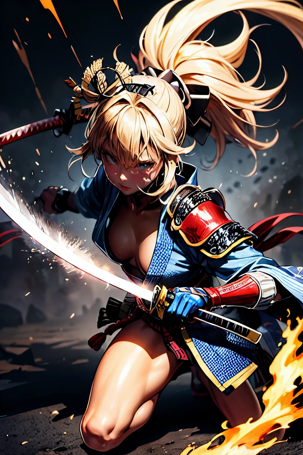 One Girl,anime,Anatomically correct, A series of character actions,,ponytail, masterpiece, Textured Skin, Action Painting, Heavy makeup, Brown Skin,Perfect Face,Perfect Eyes,Samurai,samurai,Sengoku Warlordsの鎧,Waist Armor,A blow with a sword,Small breasts,Thin thighs,Combat with enemies,Calm expression,Flame Attribute,Yellow Hair,Sengoku Warlords,Battle of Sekigahara,Glowing sword effect,