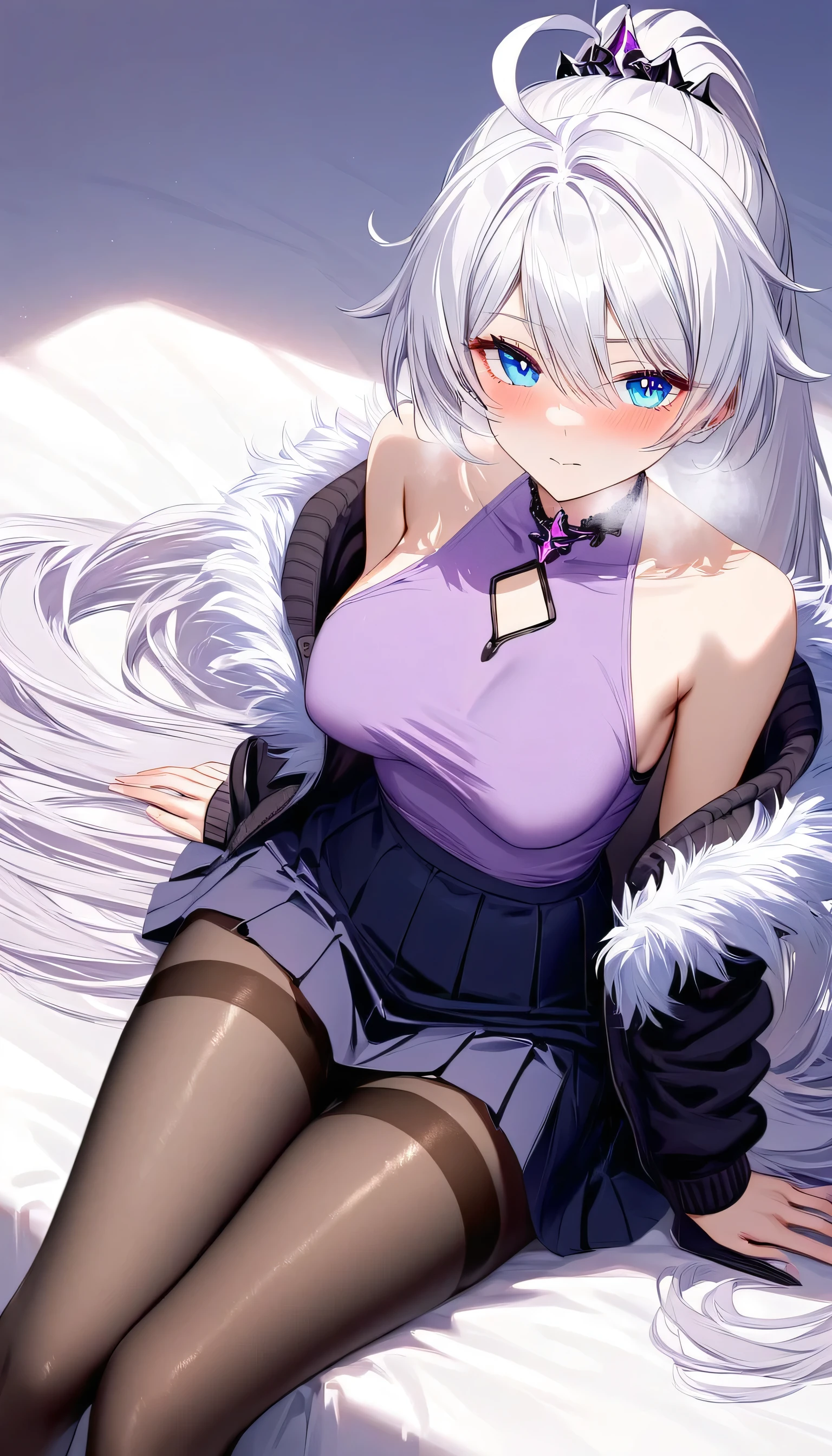 masterpiece, ultra HD, high-resolution, detailed, (highly detailed:1.5), (sharp focus:1.4), (crisp edges:1.3), 1girl, 20 year old woman, kiana kaslana \(honkai impact 3rd\), herrscher of finality, white hair, ahoge, ponytail, very long hair, blue eyes, purple pupils, medium breast, skinny skin, blush, closed mouth, heavy breathing, sitting on bed, sitting, fur-lined jacket, black jacket, t-shirt, purple t-shirt, black pleated skirt, straps, black gloves, pantyhose, thighband torn pantyhose,