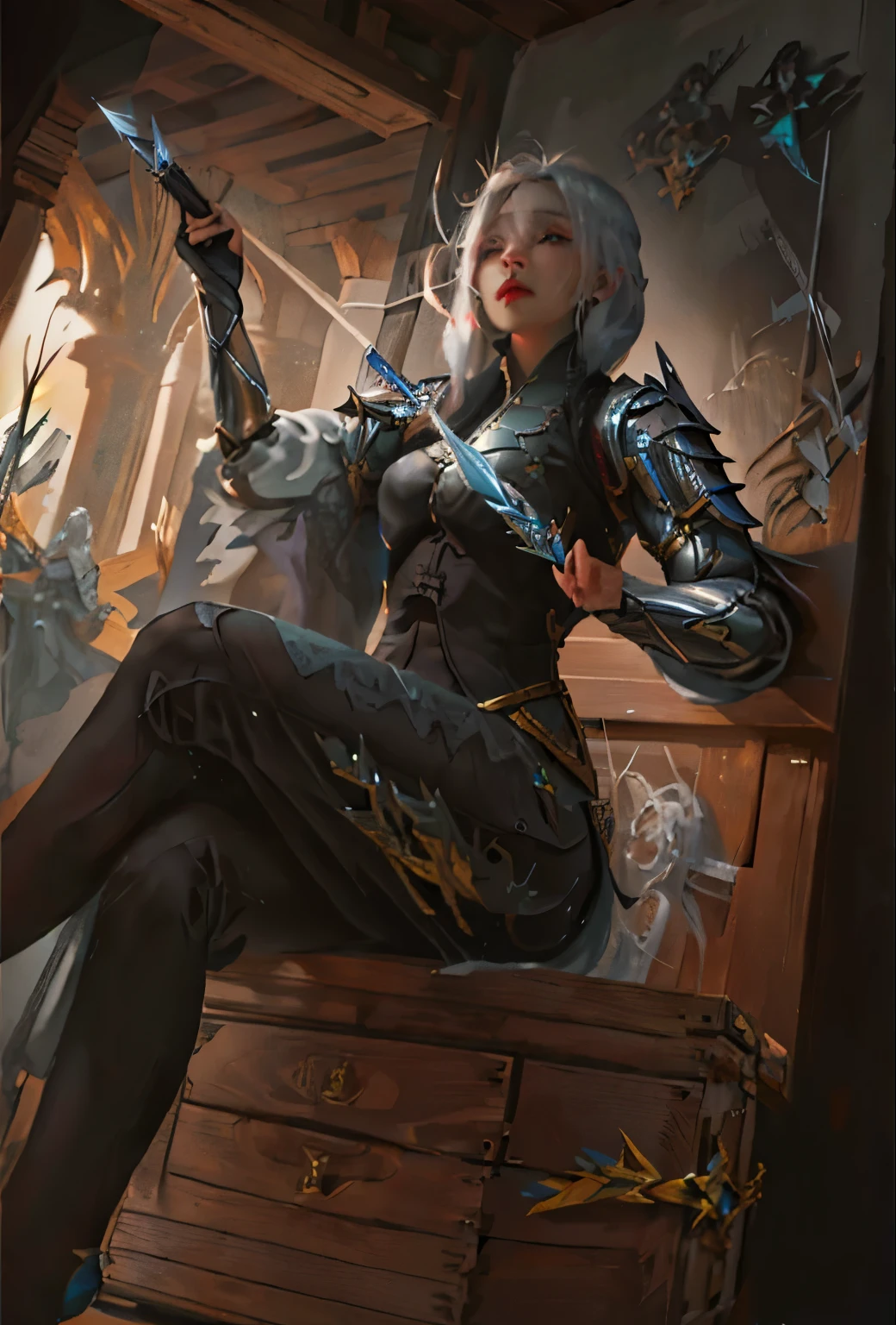 a white-haired woman sitting on a wooden box holding a sword, she is holding a sword, mother of witchers, detailed illustration, woman knight, art by artgerm, inspired by League of Legends splashart