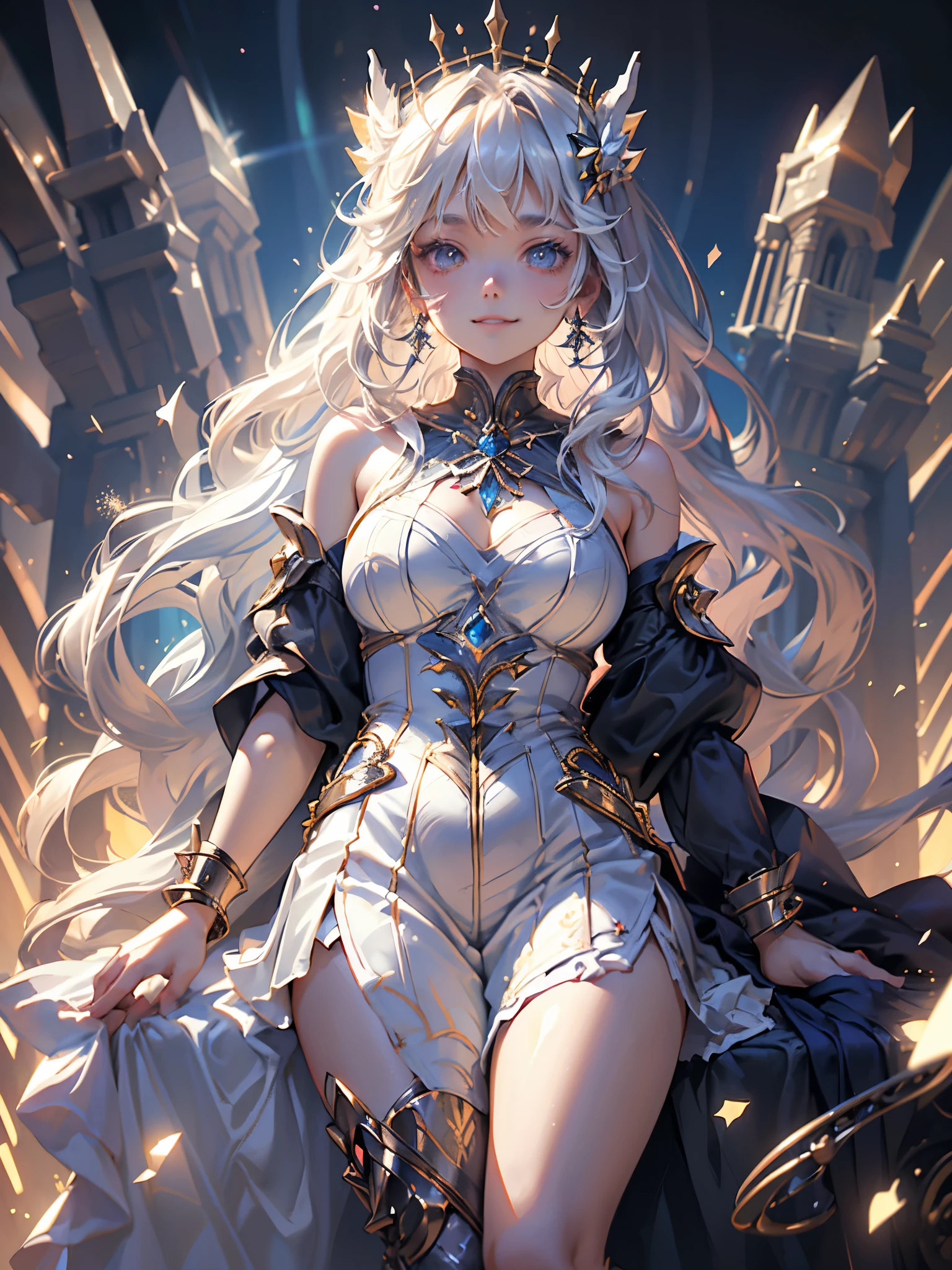 (masterpiece, highest quality, Dutch Angle)(One beautiful girl, alone)(White Hair, Blue Eyes)(smile, Sitting,Floating Hair、A soft wind is blowing)(universe、milky way、City of the Moon)Above the knee tights、boots