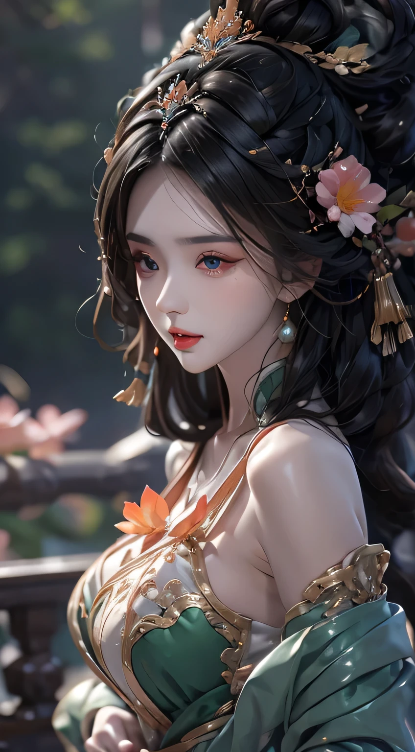 a woman siting on tample, wearing a headpiece with flowers on it, huge breasts, shiny lips, beautiful eyes, ((a beautiful fantasy empress)), a beautiful fantasy empress, beautiful anime girl, chinese girl, beautiful anime woman, beautiful anime portrait, beautiful fantasy maiden, stunning anime face portrait, ethereal beauty, beautiful maiden, anime goddess, beautiful character painting, anime thai girl, guweiz, attractive anime girl, big breasts, thiny waist,