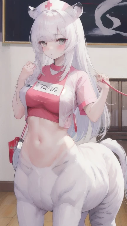 (best quality, masterpiece), 1 girl, centaur, It takes, White skin, Korean , exposing the abdomen,belly button t-shirt, 아름다운 소녀 perfect white tiger photo, perfect white tiger photo