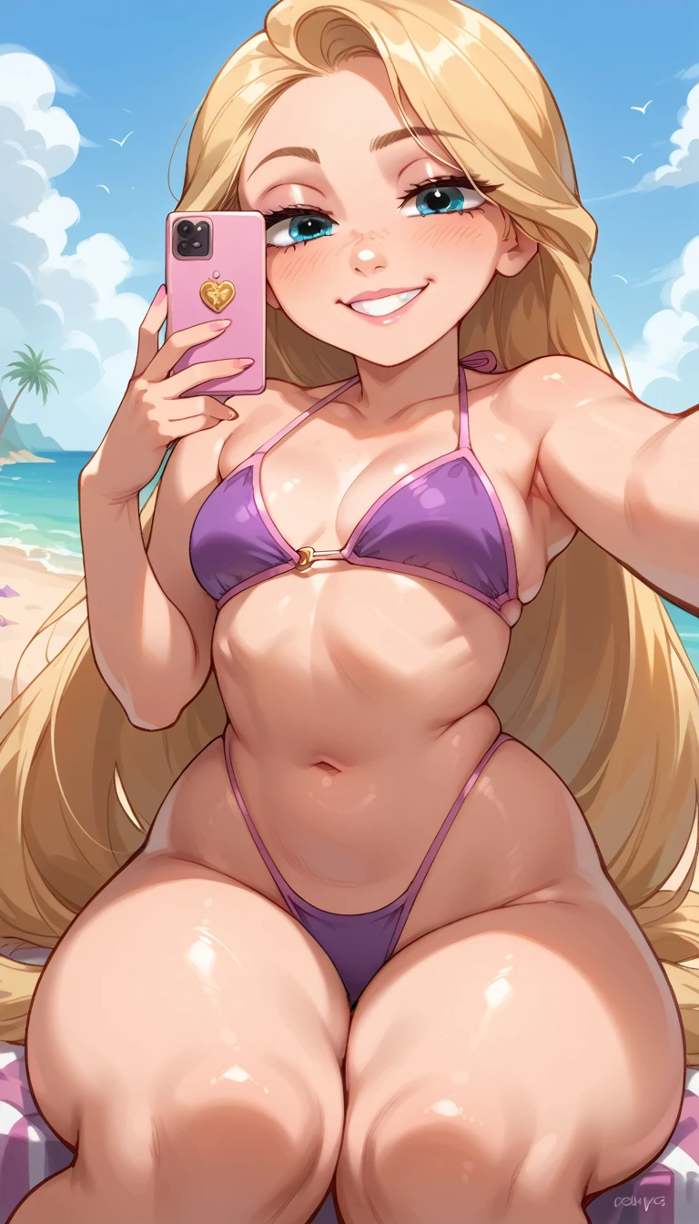 
rapunzel, Blonde hair,long hair, blue eyes (:1.1),She only wears a purple bikini,exposed legs,thick thighs,Knee high,shiny oily skin,
Selfie,focus only, half-closed eyes, smiling,  low angle portrait ,on the beach