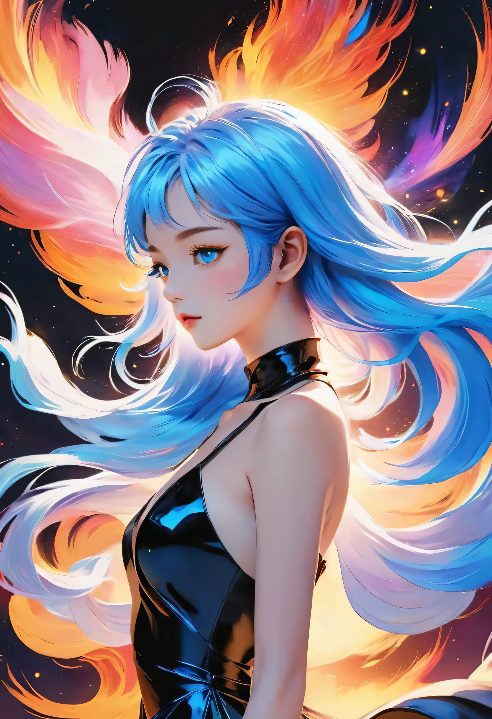 anime girl with blue hair and blue eyes in a black background, a character portrait by Ilya Kuvshinov, trending on pixiv, shin hanga, sayori, kuvshinov ilya, ilya kuvshinov face, girl with blue hair, illya kuvshinov, blue aura, kuvshinov, with blue skin, (ethereal, dreamlike), (white hair girl), (dancing in the space), (floating dress), (graceful movementasterpiece, top quality, best quality, official art, beautiful and aesthetic:1.3), (1girl:1.3), extreme detailed,(fractal art:1.3),colorful, photoRealstic, cosmic background, celestial glow, serene atmosphere, hypnotic, enchanting, otherworldly, seamless motion, high resolution, detailed textures, ethereal lighting, mesmerizing, EV-1.0,NSFW、barechested、14years、fullnude、art stations、4 k、awardwinning、being thin、Slender body、Smaller chest、Ribs、Live-action background、fullnude、fullnude、Luxurious hair ornaments、8Head and body、A slender、Very skinny、Luxury、skinny、Ribs、discreet breasts、Smaller chest、、beauty legs、Constricted waist、dented belly、Beautiful hair、Condescending look、Whole body frame-in from head to toe、summer、dog collar、a choker、Yui Arakaki, a woman in a black dress is dancing with colorful paint, colorfull digital fantasy art, colorful fire, digital art fantasy, art of alessandro pautasso, colorful and dark, beautiful art uhd 4 k, fantasy art style, full color digital art, digital art style, digital art picture, stylized digital art, fantasy digital art, stunning art style