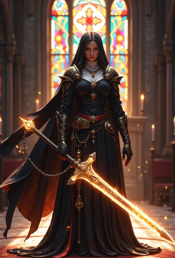 a fierce warrior nun holding a glowing holy sword with a cross-shaped hilt. Dressed in a battle-worn habit with armored shoulders, her calm yet determined expression reflects her strength. Focus sharply on the nun, with a blurred cathedral background. Vibrant light from mosaic windows casts multicolored beams across the floor, enhancing the sacred, dramatic atmosphere.