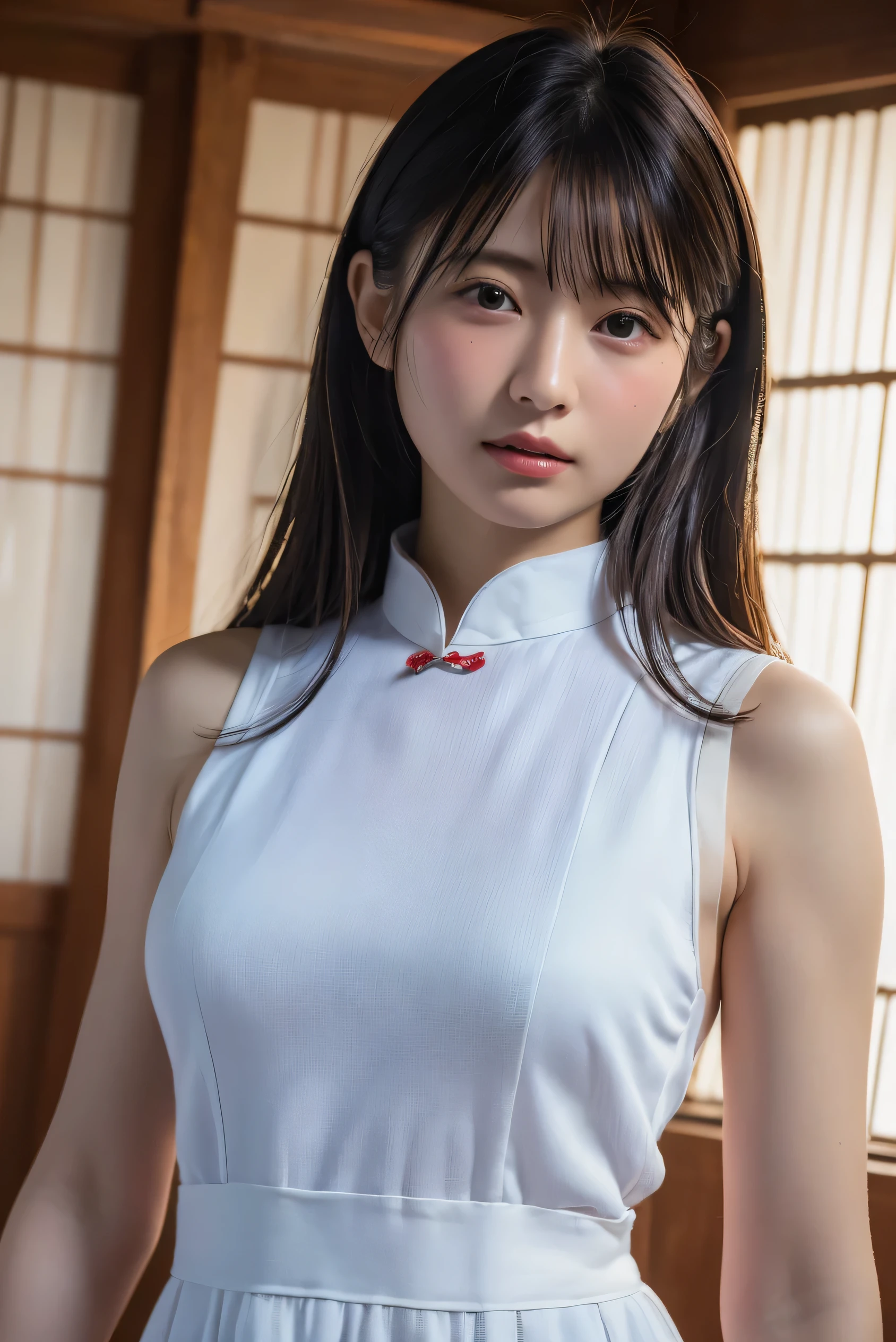 (8K, RAW Photos,Highest quality, High resolution:1.1), (Ultra-realistic:1.4),(Realistic, Realistic:1.3),The Beauty of Japan、((China dress:1.3))、((Upper Body:1.3)),holding panties