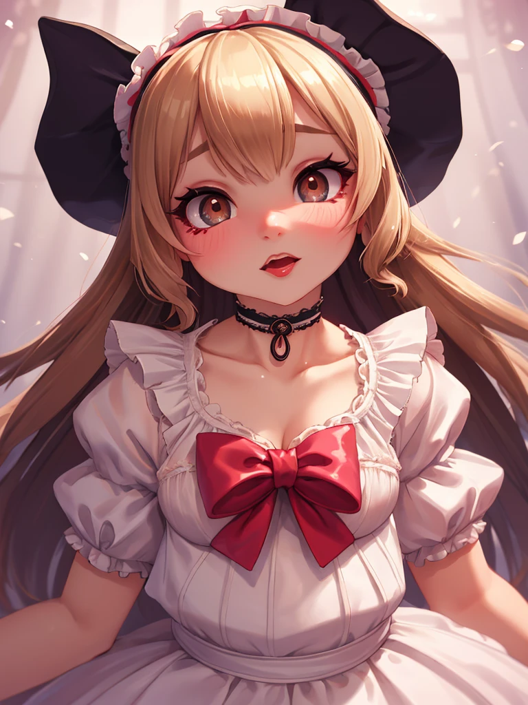 masutepiece, Highest Quality, NSFW, Colorful, 1girl in, Solo,(((Petite girl with blonde twin tails))),(((Bedrooms))),(((Colorful and brilliant maid outfits))),((())),(((red blush))),(((Open your big mouth))),((())),((())),(((the pose))),(((close up of face))),((())),(((The upper part of the body))),(((Angle from top))),(())),(((Daytime)))),((())),((())),, star-shaped pupils, Amber eyes, colored contact lenses, blush,(((toppless))))