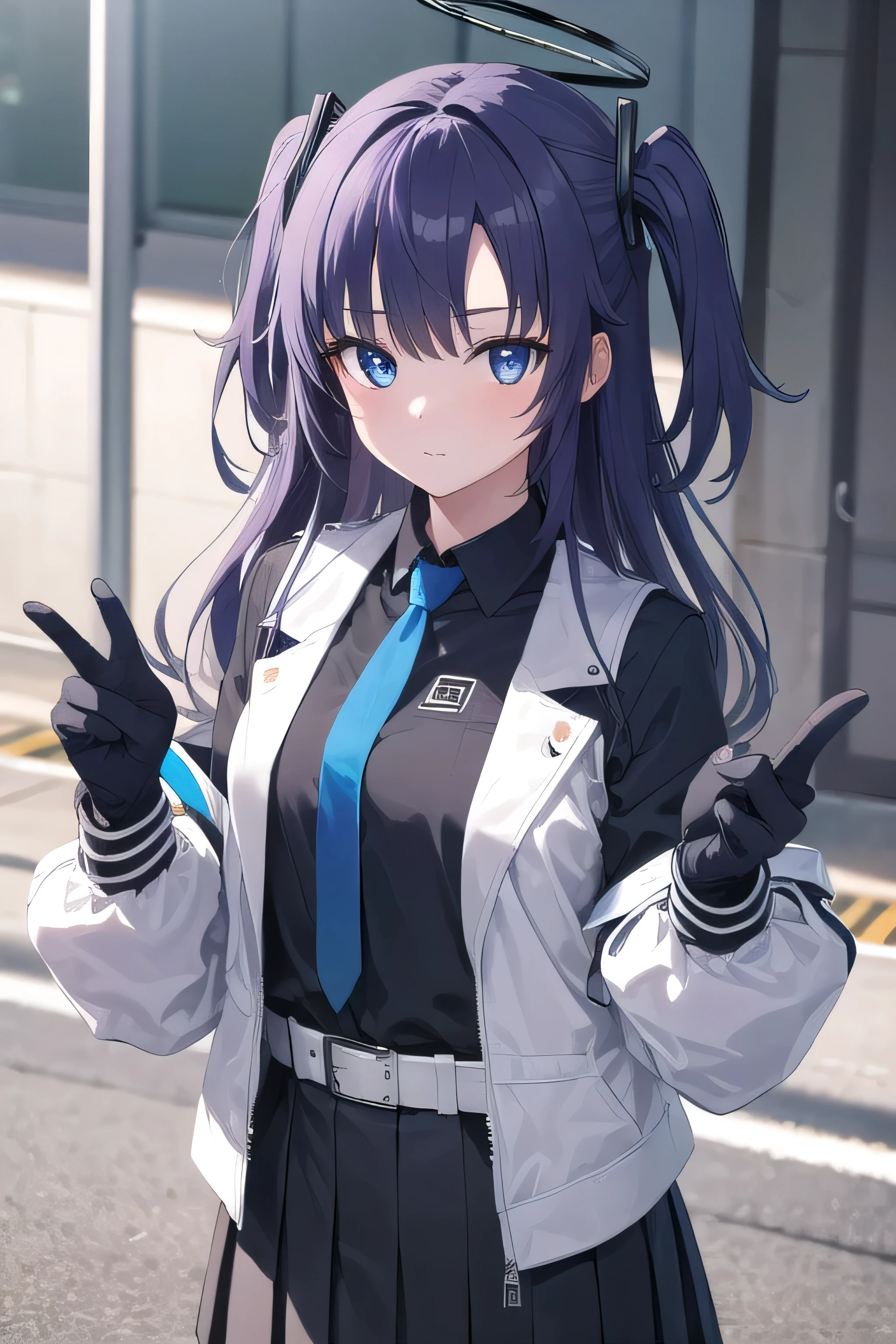 One girl, bluearchiveYuka, Yuka, blue eyes, halo, Purple Hair, two side up, Long Hair, break belt, Black gloves, black jacket, black skirt, blue tie, gloves, halo, jacket, tie, Off the shoulder, skirt, Double-sided fabric, two-sided jacket, White Belt, (white jacket:1.5), break looking at viewer, break outdoors, break (masterpiece:1.2), Best Quality, High resolution, Unity 8K Wallpaper, (shape:0.8), (Beautiful detailed eyes:1.6), Highly detailed face,  perfect lighting , Extremely detailed CG, (Perfect hands, Perfect Anatomy)