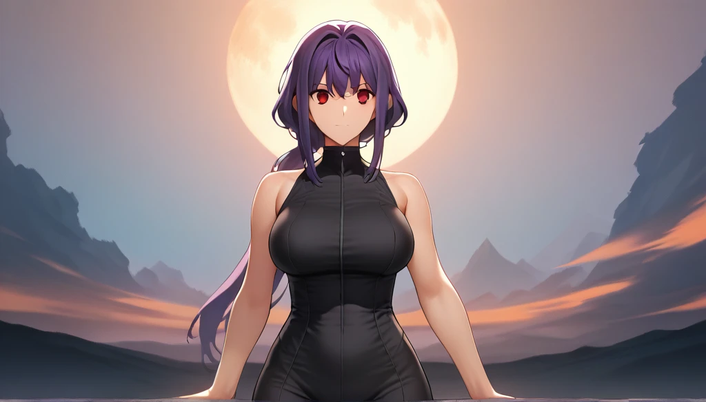 Score_9, Score_8_up, Score_7_up, One Girl, Hirokazu Koyama ,sexy,Pixel Perfect,Large Breasts,Anatomically correct, Masterpiece Highly detailed,8k,( fits your body,Rider Suit,Sleeveless,),, Red eyes, ( Long Hair, Purple Hair, There is a parting in the middle of the bangs,Low Ponytail, ), standing,クローズup, (background,moon),