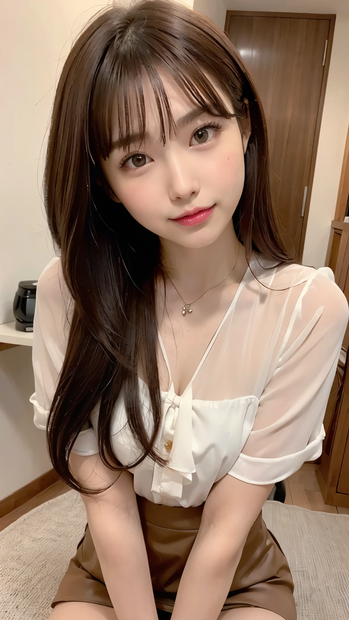 ((Top Quality, 8K, Masterpiece: 1.3)), Sharp: 1.2, Perfect Body Beauty: 1.4, (((Slim Abs: 1.2)), (Beautiful Japan Women)), ((Layered Hairstyle Tied Back, Dress Shirt, Small: 1.2)), Dress Shirt, (Indoor Cafe: 2.0), Wet: 1.5, Highly Detailed Face and Skin Texture, Delicate Eyes, Double eyelids, blush, cute and playful, adorable, (embarrassed), happy expression, ultra-detailed face, detailed lips, detailed eyes, double eyelids, ((full body shot: 1.3)),((Sitting in a chair)),((Selfie:1.5))