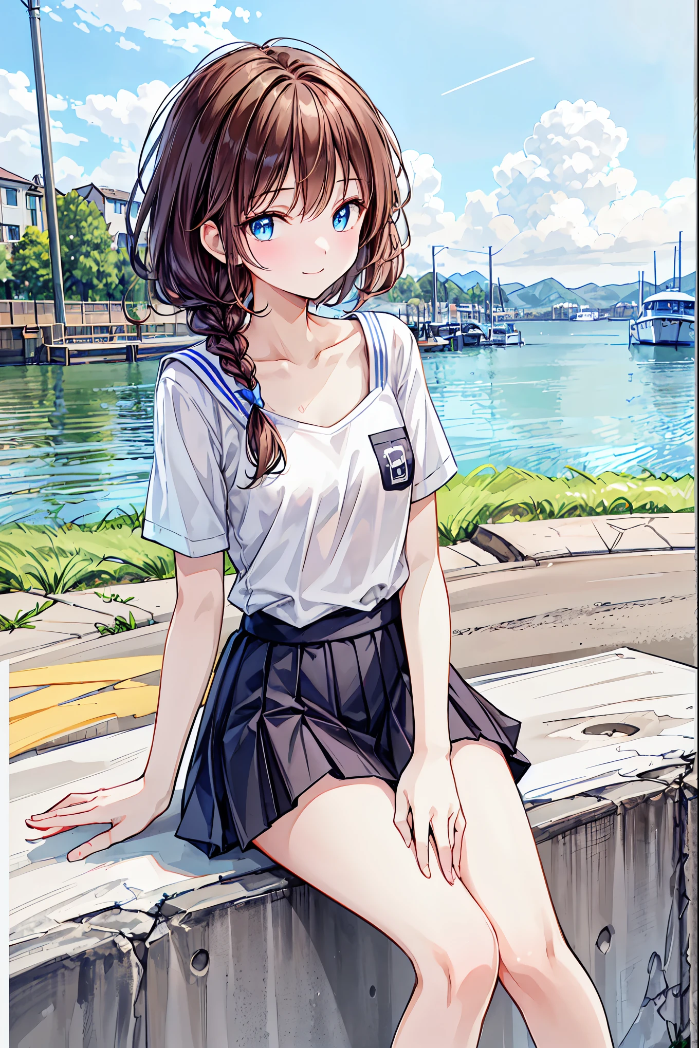 （ cute girl :1.3）、 smile,Summer atmosphere、Plain T-shirt、Brown Hair、　(3)，blue sky，Small breasts，Flat Chest，((Please redeem)), (Very detailed), (High-definition CG synthesis 8K wallpaper), 高いly detailed,  High resolution raw color photos, Professional photography,  Written boundary depth,Brown Hair，Shortcuts，Messy Hair，Short braided hair，Neat，Slender beauty，Dignified posture，Small breasts，Beautiful legs，Her mesmerizing grey-blue eyes shine like stars，Vibrant colors,Beautiful Eyes,繊細なsmile,Textured Skin,The best品質、The best,Gentle and beautiful woman,Anime Style､