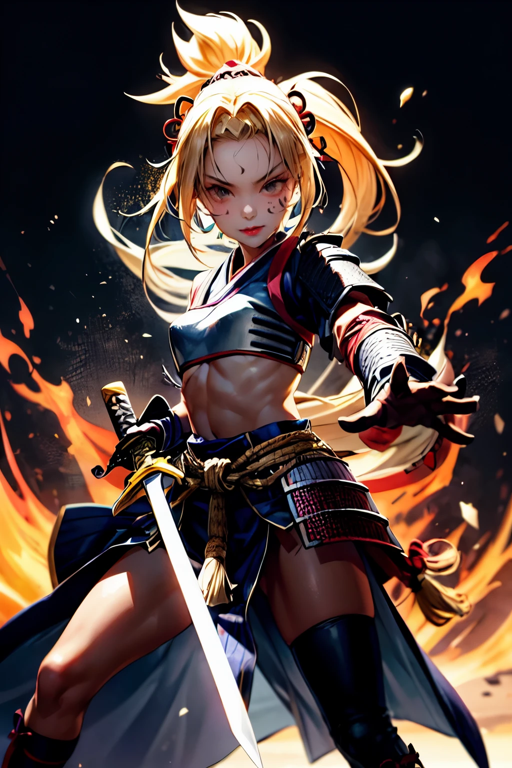 One Girl,anime,Anatomically correct, A series of character actions,,ponytail, masterpiece, Textured Skin, Action Painting, Heavy makeup, Brown Skin,Perfect Face,Perfect Eyes,Samurai,samurai,Sengoku Warlordsの鎧,Waist Armor,A blow with a sword,Small breasts,Thin thighs,Combat with enemies,Calm expression,Flame Attribute,Yellow Hair,Sengoku Warlords,Battle of Sekigahara,Glowing sword effect,