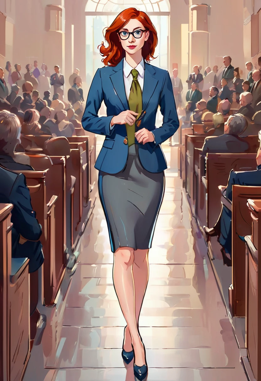 (full body:1.4),((realistic illustration:1.4)), Tall, slender ((redhead)) woman of Irish descent. (pale:1.3)complexion. blue eyes, cute butt, nice legs. Kind eyes, cute smile. Eyeglasses, Mascara, eye shadow, blush, necklace, gray blazer and pencil skirt, blouse, (light tan pantyhose:1.2), stiletto heels. Lawyer, in courtroom. 