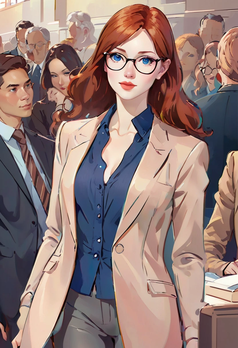 (full body:1.4),((realistic illustration:1.4)), Tall, slender ((redhead)) woman of Irish descent. (pale:1.3)complexion. blue eyes, cute butt, nice legs. Kind eyes, cute smile. Eyeglasses, Mascara, eye shadow, blush, necklace, gray blazer and pencil skirt, blouse, (light tan pantyhose:1.2), stiletto heels. Lawyer, in courtroom. 