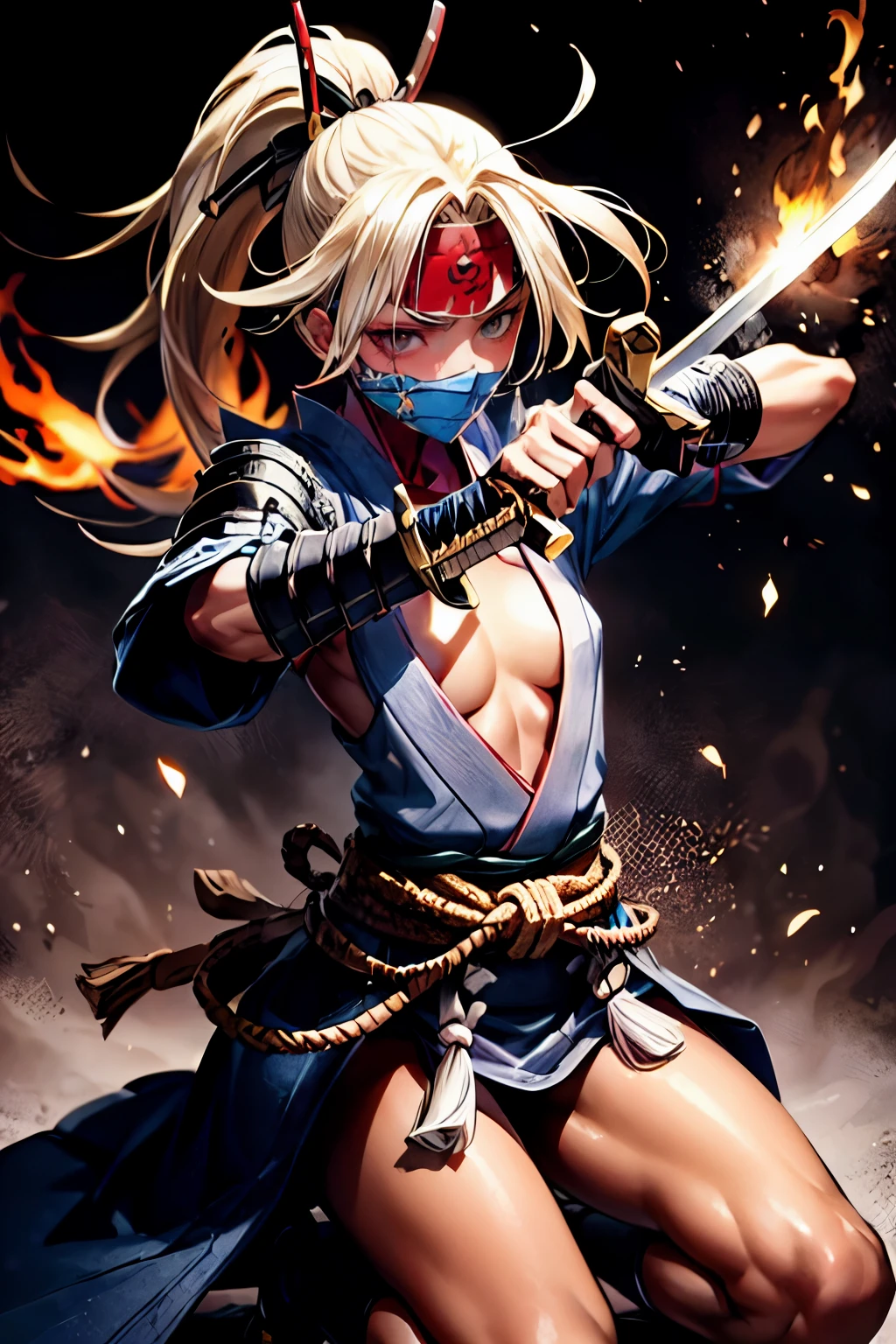 One Girl,anime,Anatomically correct, A series of character actions,,ponytail, masterpiece, Textured Skin, Action Painting, Heavy makeup, Brown Skin,Perfect Face,Perfect Eyes,Samurai,samurai,Sengoku Warlordsの鎧,Waist Armor,A blow with a sword,Small breasts,Thin thighs,Combat with enemies,Calm expression,Flame Attribute,Yellow Hair,Sengoku Warlords,Battle of Sekigahara,Glowing sword effect,