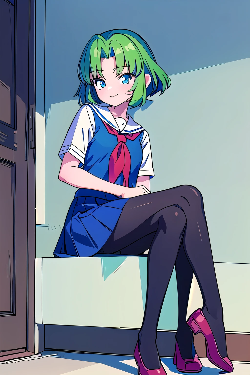 (Adult women:1.2)(masterpiece, Best Quality:1.2), One woman, Alone, toshinden_Ellis, sit,Looking down,School Uniform, Black pantyhose,blue mini skirt, Red neckerchief, shoes, Green Hair,  split bangs , short hair, blue eyes, Look at you, smile, 