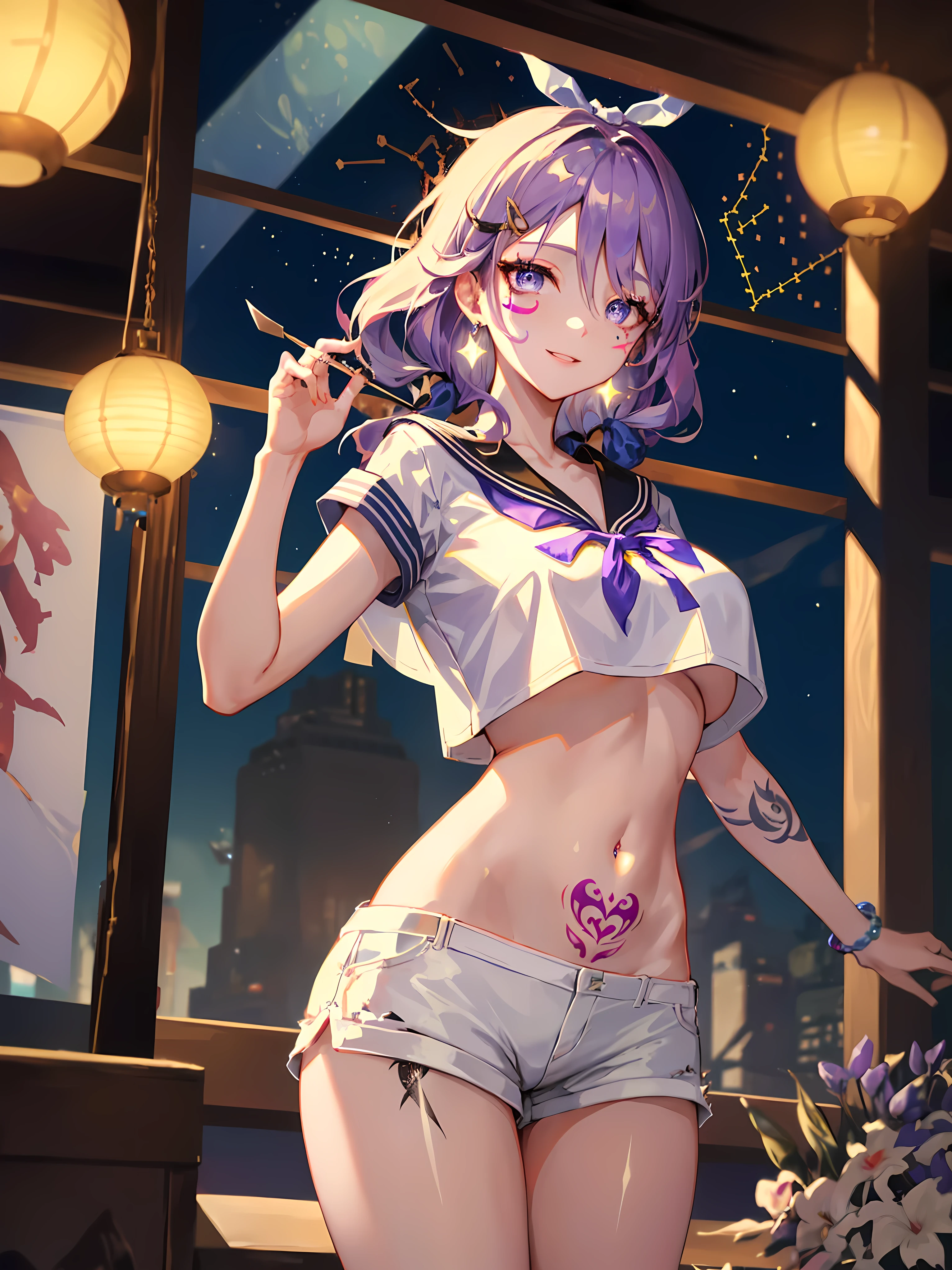 (absurdres, highres, ultra detailed), (A Divine goddess), Dynamic Body Type, beautiful, ((2.5D)), Beautiful Eyes, Delicate Eyes, Delicate Silhouette, (1woman:1.3), (constellations tattoos:1.5), (face paint:1.2), (sailor uniform:1.4), (white academic shirt:1.4), (dark shorts:1.5), (miniskirt, micro skirt), (visible panties), (school girl), huge breasts, perfect breasts, perfect collarbone, perfect cleavage, (exposed collarbone1.5), (exposed midriff), (underboob:1), (nsfw:1.4), (hanged croptop:1.5), standing,  from below, sharp contrast, gorgeous detailed eyes, focus, close up shot, glowing purple eyes, front view, slim fit, narrow waist, twintails, close up, purple hair, dynamic pose, elegant, detailed iris, sparkle eyes, star in eyes, (enchanting purple eyes:1.3), (multicolored eyes), (long hair:1.3), (big hair ribbon:1.5), (hairpin:1.5), (pink hair:1.3), (messy hair:1.3), (hair between eyes), (hair over one eye:1), (floating hair:1.3), masterpiece, highest quality, earrings, pink skin, glowing hair, detailed face, blushing, shy, cute smile, red lips, sharp eyelashes, (lunar new years, full moon, lanterns, fireworks), BREAK, glitch art, digital distortion, pixelated fragments, data corruption, colorful noise, visual chaos, contemporary aesthetics BREAK , enamel art, glass-like surface, vibrant colors, glossy finish, reflective textures, rich pigments, fluid forms BREAK, ethnic style,vibrant patterns, handmade textiles, cultural motifs, beaded jewelry, artisanal accessories