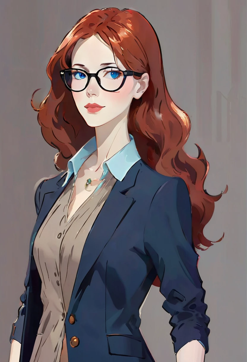 (full body:1.4),((realistic illustration:1.4)), Tall, slender ((redhead)) woman of Irish descent. (pale:1.3)complexion. blue eyes, cute butt, nice legs. Kind eyes, cute smile. Eyeglasses, Mascara, eye shadow, blush, necklace, gray blazer and pencil skirt, blouse, (light tan pantyhose:1.2), stiletto heels. Lawyer, in courtroom. 