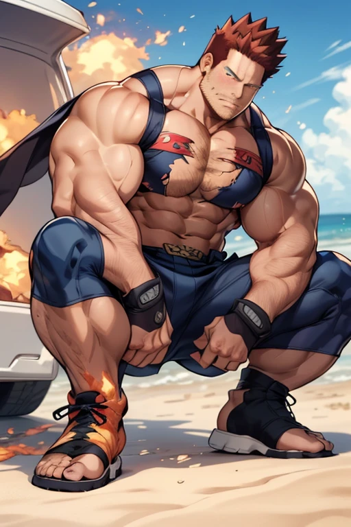 Endeavor from My Hero Academia, covered in flames, full body,  ripped and torn costume, muscular, thick, thick, 45 yaers old, Endeavor from My Hero Academia, big flame coming out of the whole body, blue sky, large pectorals, superhero, blue bodysuiit, fingerless gloves, on the beach