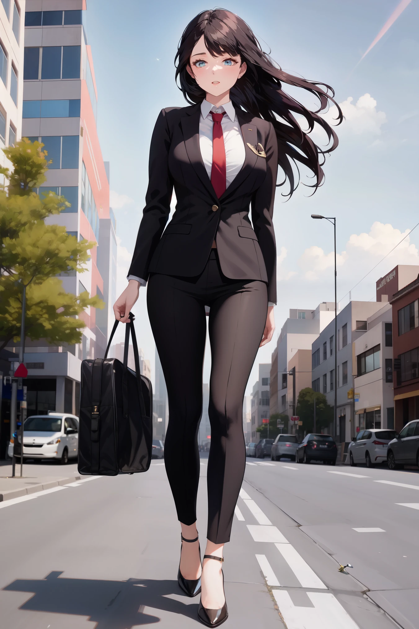 (8K, RAW photos, The best quality,  masterpiece: 1.2), (practical, photopractical: 1.37), 1 woman in suit standing on the sidewalk, [View of the city, sky, Sunny morning, professional lighting, Photon Mapping, Radiosity, Brazilian woman, teardrop, shirt, woman in suit, silk dress