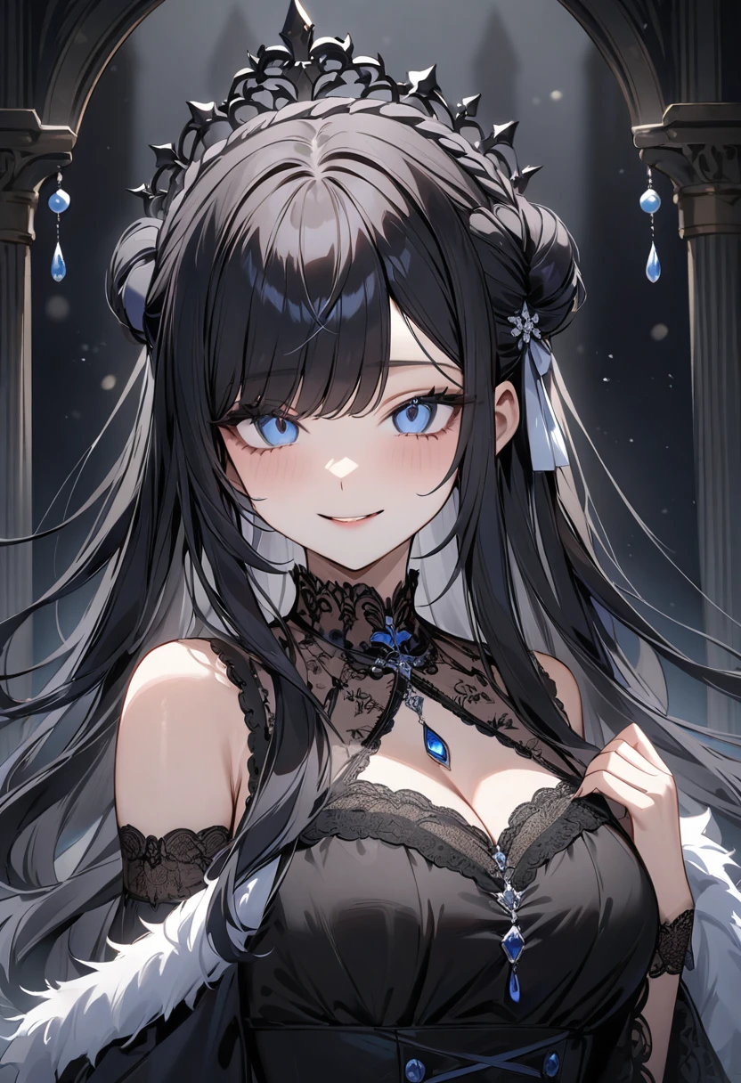 (masterpiece, top quality, very aesthetic, 4k、illustration), intricate detail, 1woman,solo,contrapposto 、(tareme)、Strong glowing eyes、blunt bangs,Fair skin,(upper body)、happy smile 、twin drills、(Blue lipstick),beautiful face、Blushing,(gradient hair)、multicolored hair,middle hair,sidelock ,blue　eyes、gothic lolita dress、medium breasts、slender 、