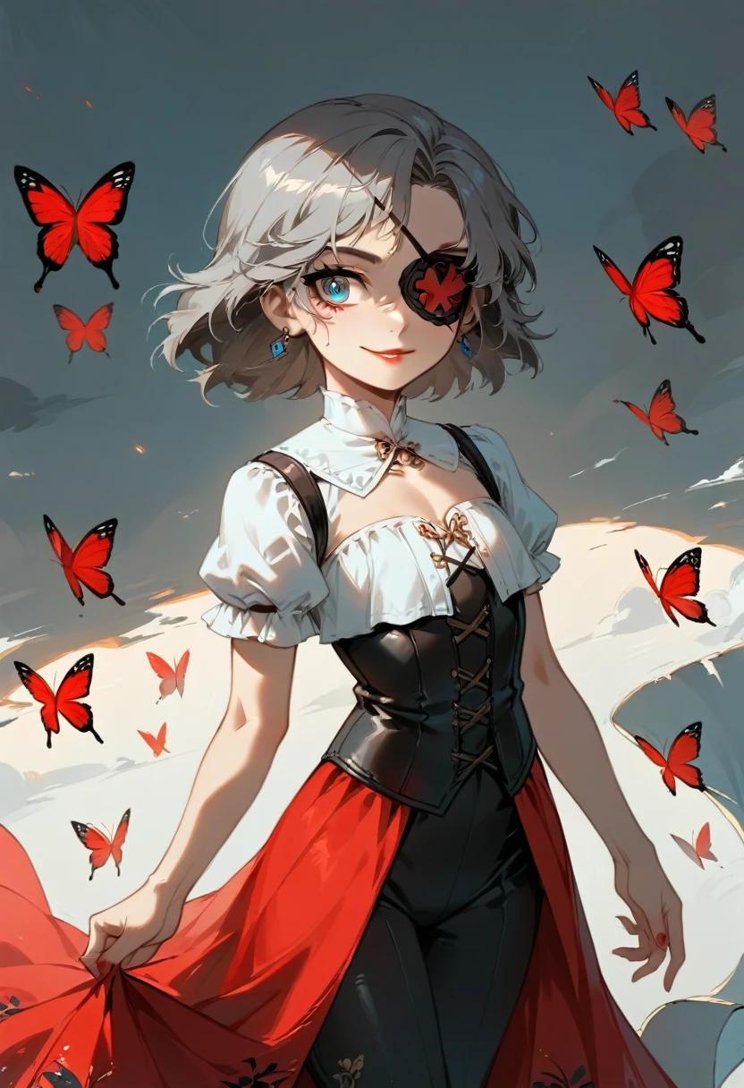  young with a butterfly tattoo on her cheek１０A girl from her generation is walking 、 long gray hair 、Red Kumadori 、Eyepatch on left eye、Red lips、I'm wearing noble clothes、A look of contempt、Glare、Wicked Smile、 wearing blue-black leather aristocrat clothes 、Harbor pier、Medieval Europe