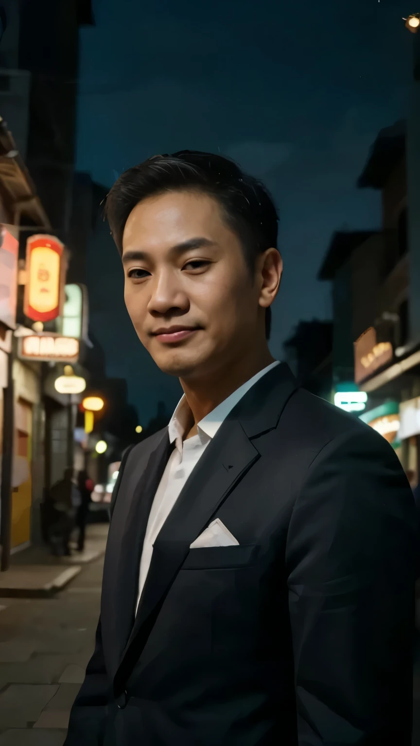 Arafed man in a suit standing on a city street at night - SeaArt AI