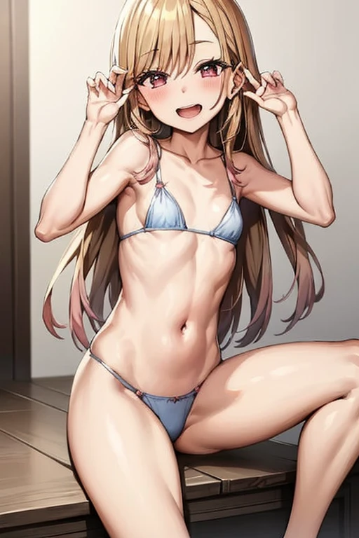 ((Best Quality)), ((masterpiece)), (be familiar with), Perfect Face, indoor, bedroom, Watching the audience,
One woman, Kitagawa Marin,
Open Mouth, Ecstatic expression, blush, smile,
Small breasts, Flat Chest, , , child, Girl,
Long Hair, Long Hair,
Leg spread,