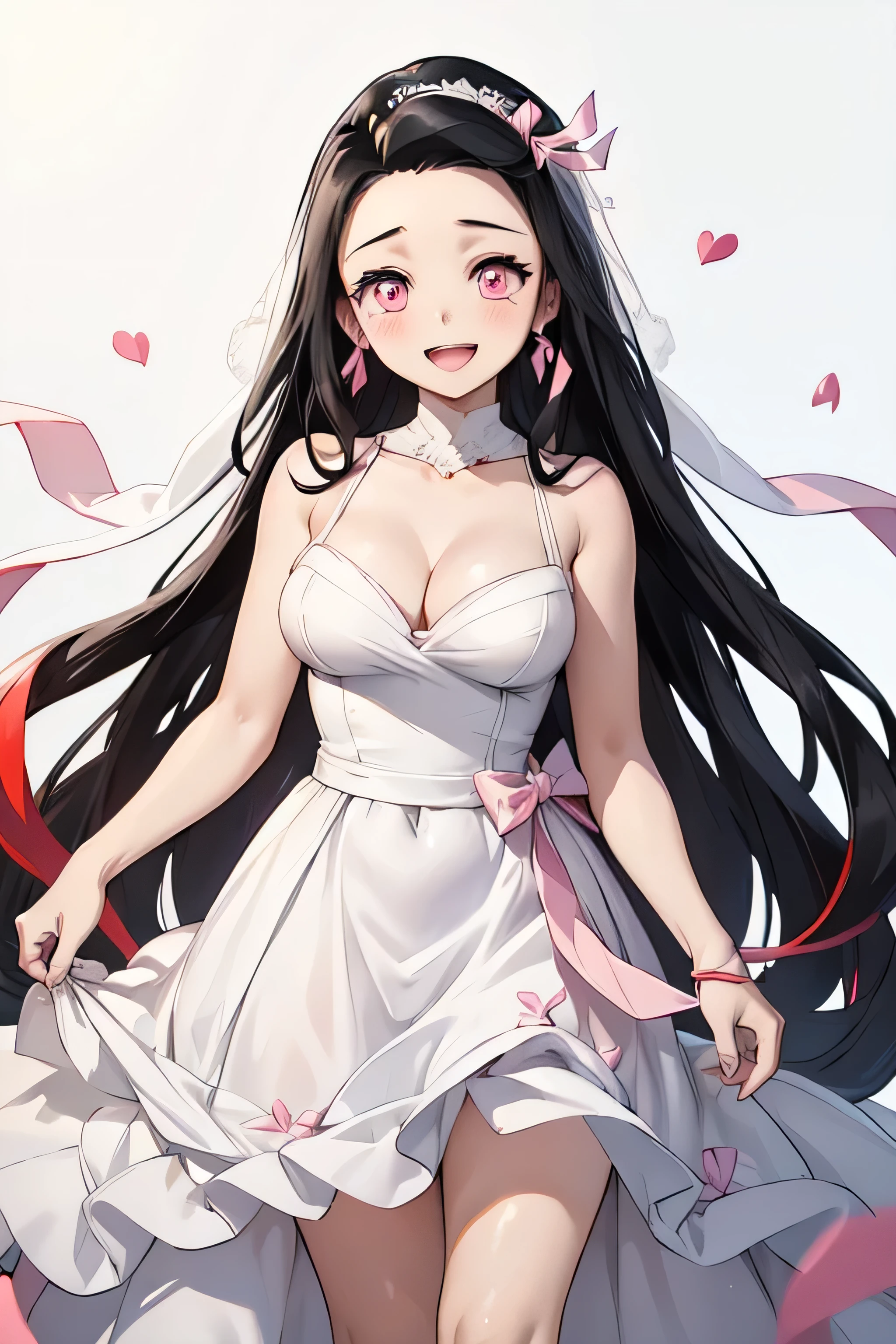 (((masterpiece))),(best quality), nezuko, 1girl, black hair, forehead, hair ribbon,((white wedding dress)), cleavage, long hair, multicolored hair, open mouth, pink eyes, pink ribbon, ribbon, smile, very long hair, white background,standing
