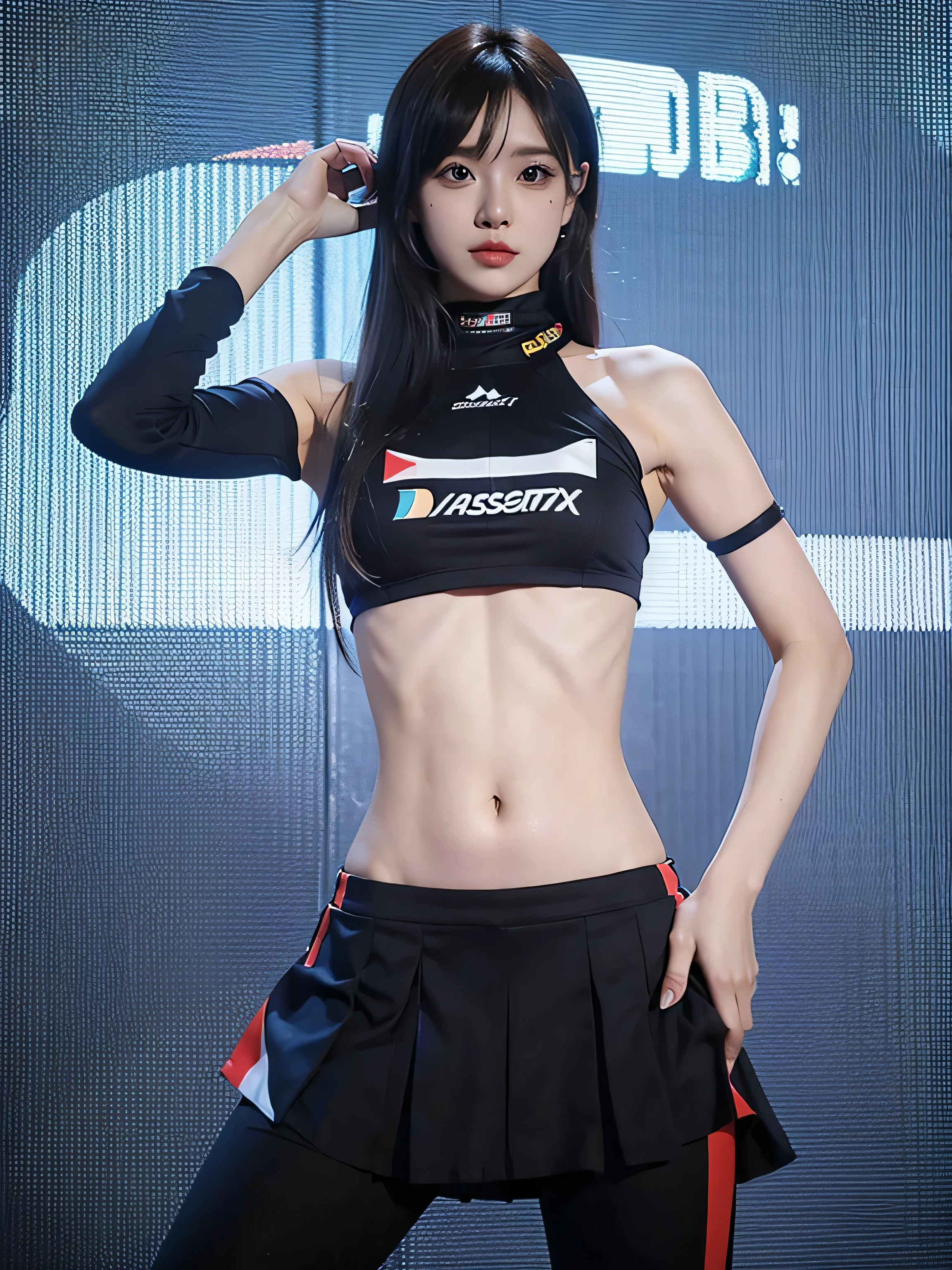 Ultra detailed face、underboob、Show the lower part of your chest、Colorful costumes、F1 Driver Cosplay、Colorful costumes、Company logo、The Grid Girls' colorful and flashy costumes、Grid Girls、Perfect Face、Paddock Girl、Motor Show、tights、Bodycon Costume、Grid Girls、Russia、Grid Girlsのコスプレ、belly button、Pleated skirt、Bodycon Costume、Sexy pose、Pose showing butt and pants