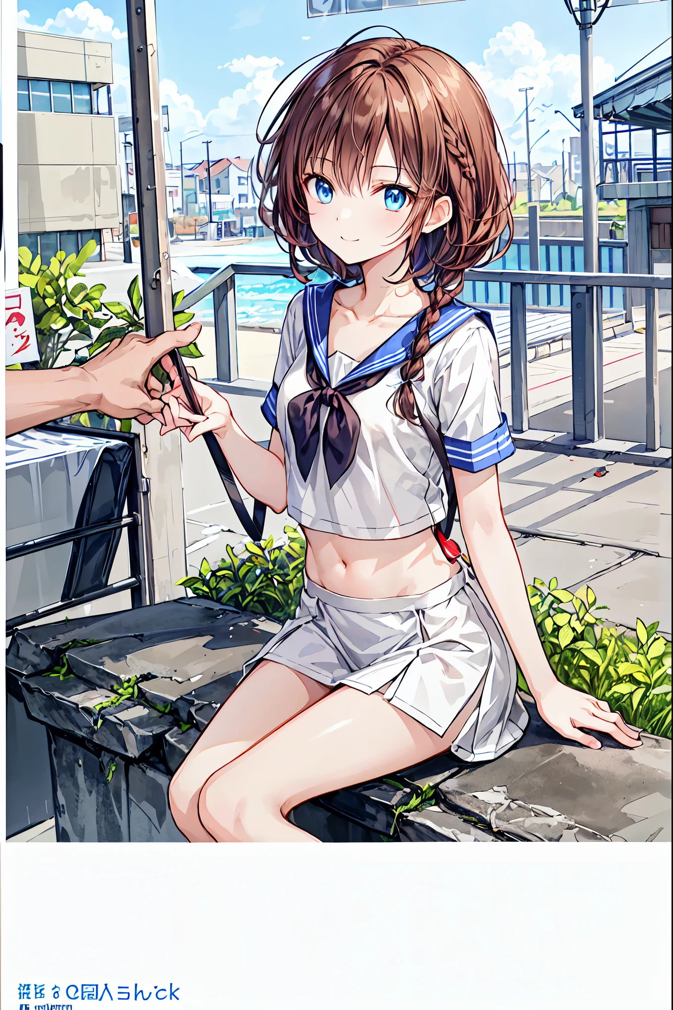 ( cute girl :1.3)、 smile,Summer atmosphere、Plain T-shirt、Brown Hair、 (3),blue sky,Small breasts,Flat Chest,((Please redeem)), (Very detailed), (High-definition CG synthesis 8K wallpaper), 高いly detailed, High resolution raw color photos, Professional photography, Written boundary depth,Brown Hair,Shortcuts,Messy Hair,Short braided hair,Neat,Slender beauty,Dignified posture,Small breasts,Beautiful legs,Her mesmerizing grey-blue eyes shine like stars,Vibrant colors,Beautiful Eyes,繊細なsmile,Textured Skin,The best品質、The best,Gentle and beautiful woman,Anime Style、