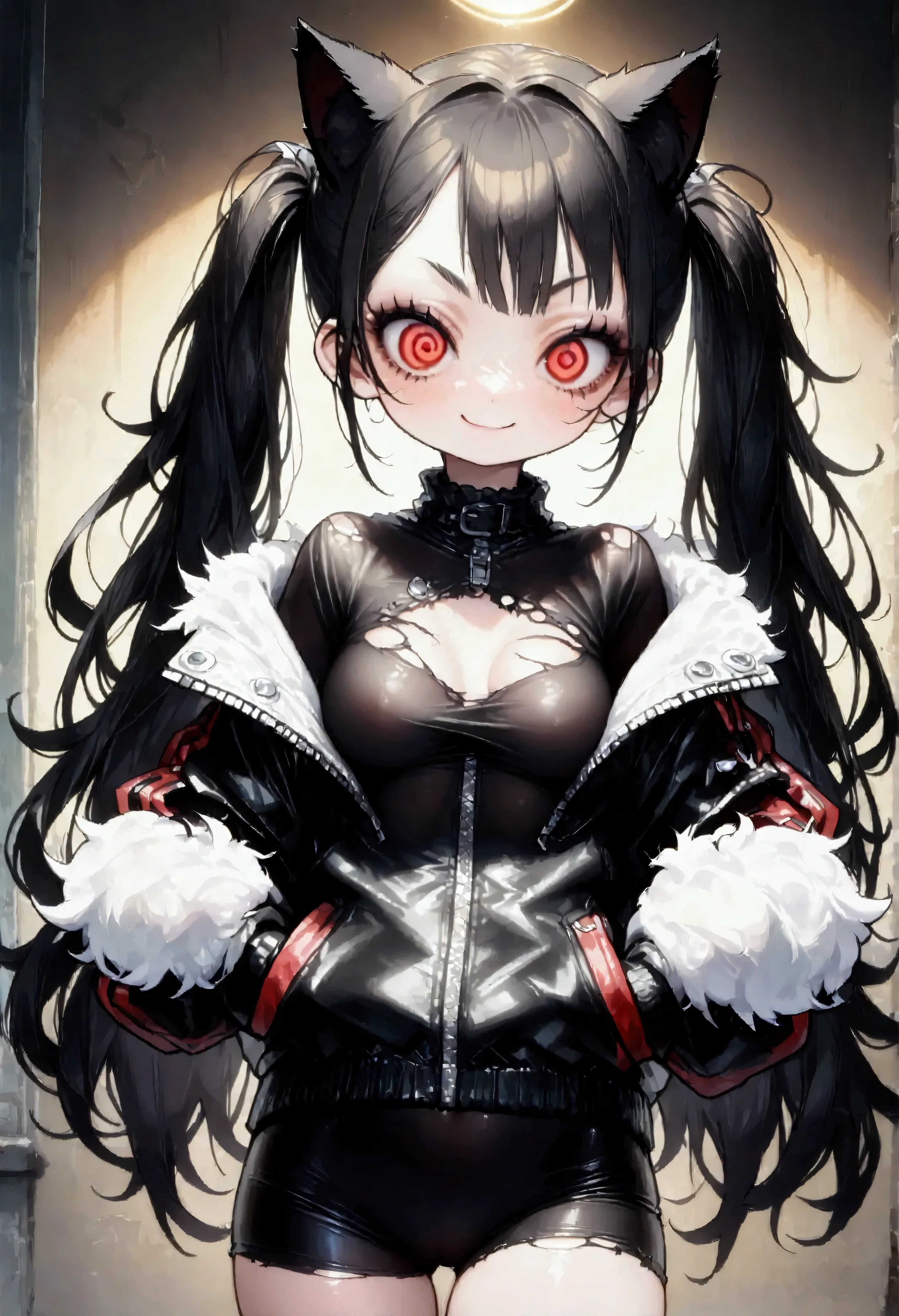 solo,1girl\(cute, kawaii, age of 12,(evil smile:1.2),(black hair:1),(long hair),(twin tails hair),pale skin, skin color blue, red eyes, eyes shining, (big eyes),(breast:1.4),(punk fashion:1.6),(ripped clothes:1.5),(tight tube top),(tight hot pants),(stomach shown:0.8),(abs:0.8),(ripped black short jacket:1.4),(fluffy black cat-ear:1.4),(dynamic pose:1.3), (spiral eye:1.4)\)),(bang:1.2)\), BREAK ,background\(outside, noisy city, backstreet, narrow street, neon lights, at night\), BREAK ,quality\(8k,wallpaper of extremely detailed CG unit, high resolution, top-quality, top-quality real texture skin, hyper realistic, increase the resolution, RAW photos, best quality, highly detailed, the wallpaper,golden ratio,high saturation realism, vibrant colors, dramatic lighting, persuasive storytelling, atmospheric scenery, captivating visuals, intricate details, strong emotions,dreamlike world\),(close up:1.0),(dynamic angle:1.2)