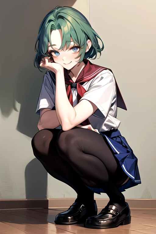 (Adult women:1.2)(masterpiece, Best Quality:1.2), One woman, Alone, toshinden_Ellis, squat,whole body,School Uniform, Black pantyhose,blue mini skirt, Red neckerchief, shoes, Green Hair,  split bangs , short hair, blue eyes, Look at you, smile, 