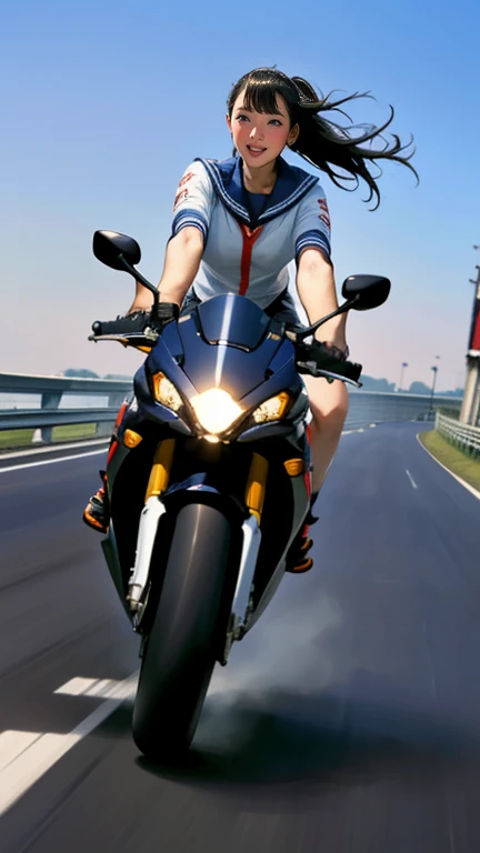 On the road, 、 a woman in a sailor suit is riding a 、I'm riding a 1500cc racing bike。.。.., (((Wheelie)))  speeding across a vast bridge on a 1500cc superbike。, . (This scene、It captures the speed and power of the scene....))), (((Dynamic and powerful composition))
