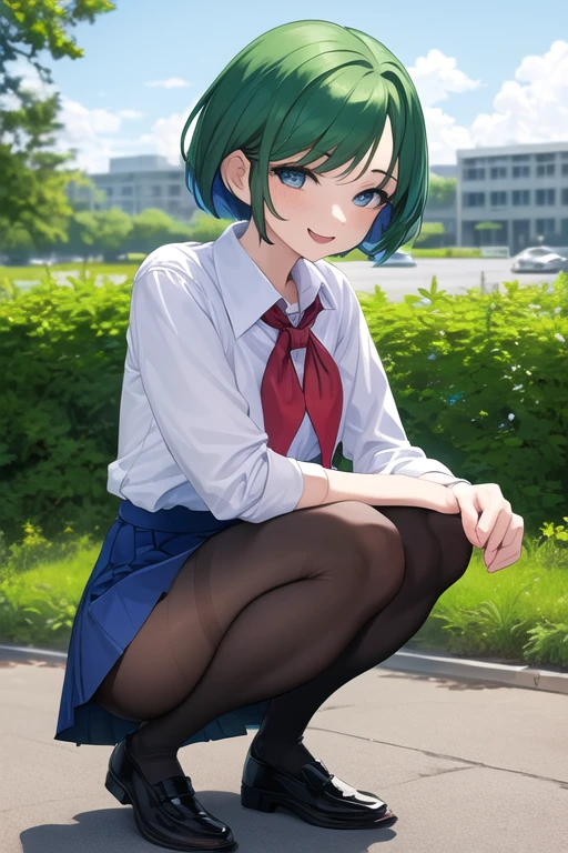 (Adult women:1.2)(masterpiece, Best Quality:1.2), One woman, Alone, toshinden_Ellis, squat,whole body,School Uniform, Black pantyhose,blue mini skirt, Red neckerchief, shoes, Green Hair,  split bangs , short hair, blue eyes, Look at you, smile, 