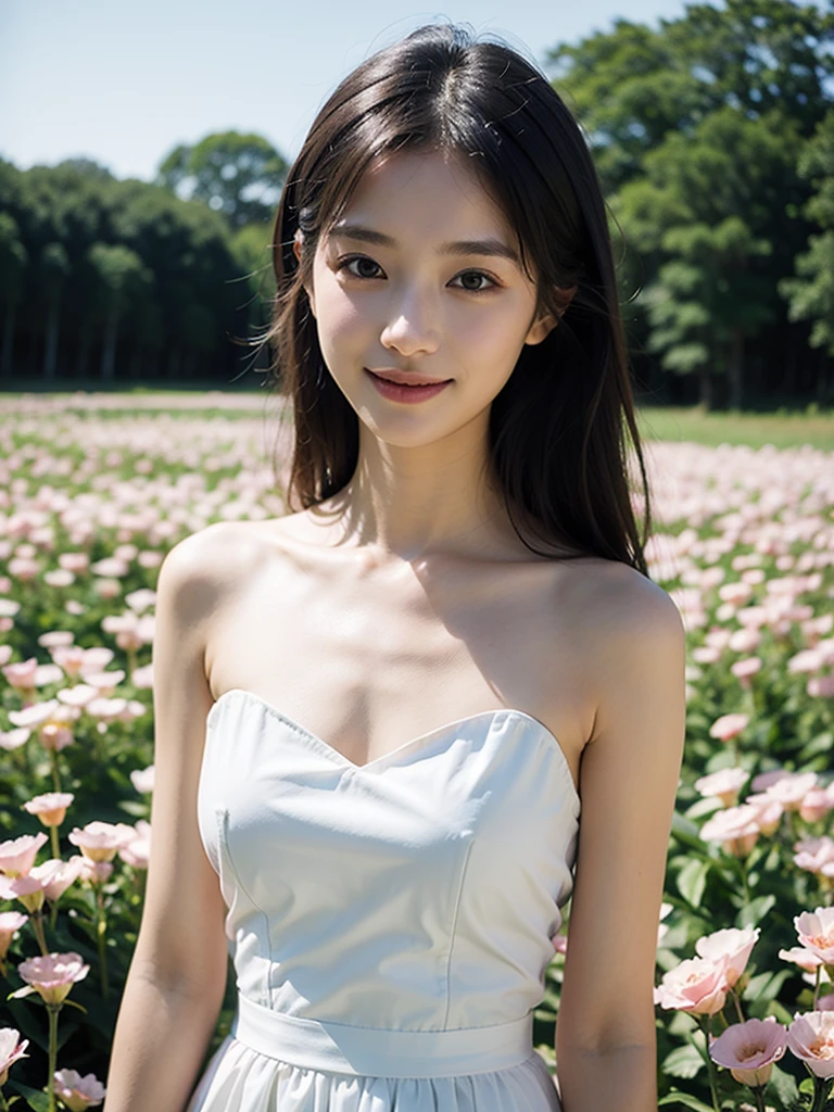 sunset time、flower garden、Beautiful realistic woman in her 20s with skin details, Nostalgic mood and beautiful skin、Emotional face with wet skin and fallen petals