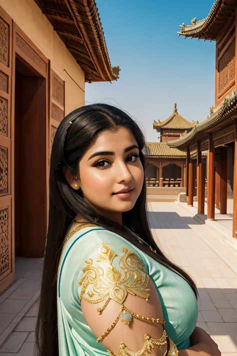 1 heavenly beautiful and goddess beauty cute and sweet looking face arabian female in front of summer palace, china, heavenly be...