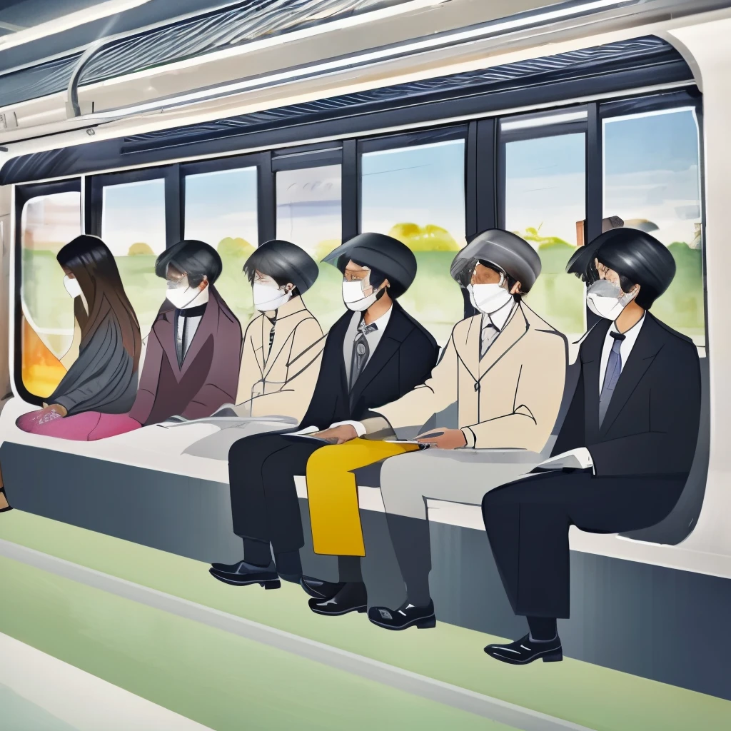 Reproduce the style of De Chirico in a subway car、 Multiple mannequin heads placed on train seats、Metaphysical Expressionism 、