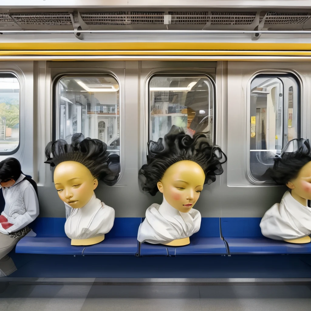 Reproduce the style of De Chirico in a subway car、 Multiple mannequin heads placed on train seats、Metaphysical Expressionism 、