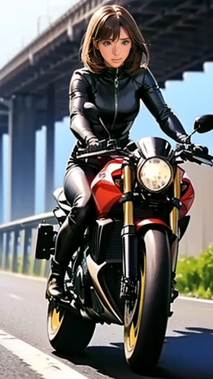 1girll,wearing a mecha,mechasuit,Leaning on futuristic motorcycles,Broken pants,Bring a helmet,The helmet of the future,Background lake,Ultra-clear image quality,8K,Top image quality,The best picture quality,