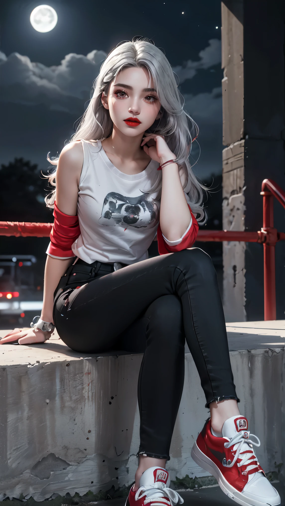 (Sci-fi fantasy), (Masterpiece), (professional oil painting) (best quality), (8k resolution), (1 beautiful girl), ((pale gray skin)), (iron gray skin), ((jeans clothes)),(red jacket)), ((black t-shirt underneath), ((red lipstick)), ((black sneakers)), (comcept art), small chest, (long hair), (messy hair), (white hair), (iron gray hair), ((with futuristic weapon)), (ammunition), ((moonlight of the night)), (sitting thinking))