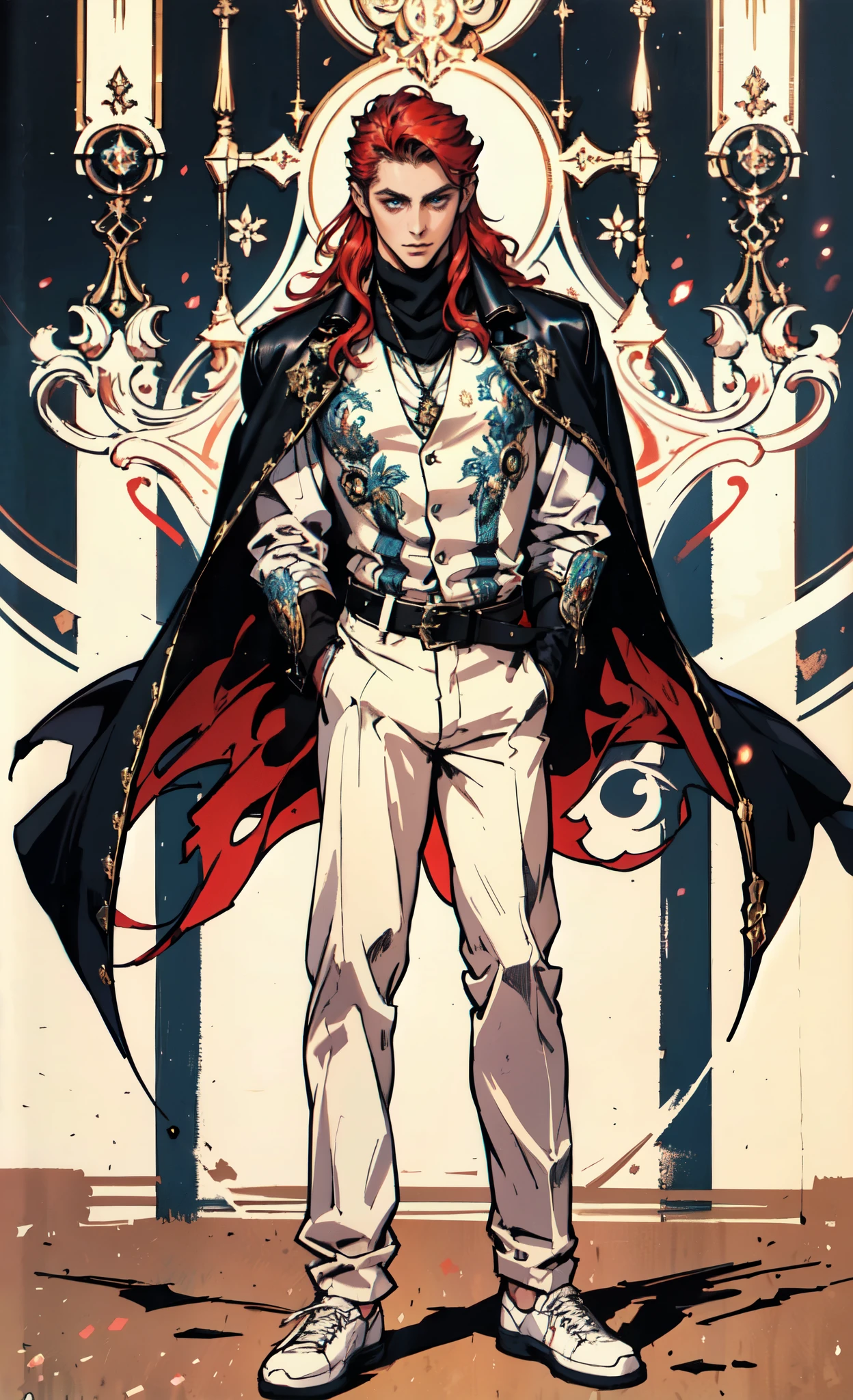 (masterpiece:1.2, best quality:1.2, extremely delicate:1.2), ((male:1.5)), a young man with long red hair, delicate face, gentle eyes, peaceful expression, fantasy-realism style outfit, a red and black short cape, a blue and white leather jacket, a belt, white pants, sneakers, his hands in his pockets, he strolls by a lakeside under dark cloudy skies, this character embodies a finely crafted fantasy-realism style Wise in anime style, exquisite and mature manga art style, dramatic, high definition, highres, ultra-detailed, ultra-fine painting, professional, perfect body proportions, golden ratio, anatomically correct, symmetrical face, extremely detailed eyes and face, high quality eyes, creativity, RAW photo, UHD, 32k, Natural light, cinematic lighting, (masterpiece-anatomy-perfect:1.2)