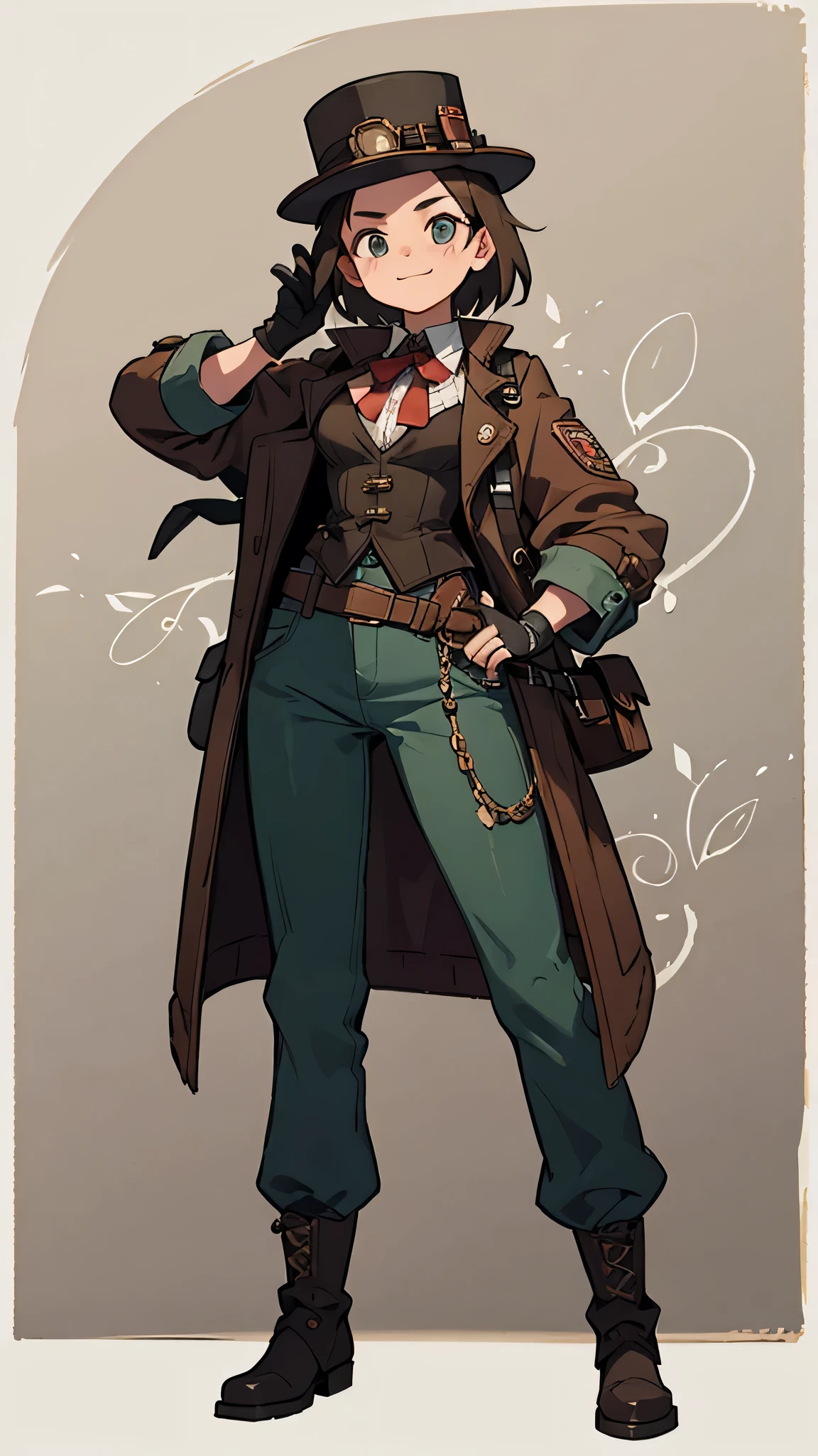 1.steampunk,,,Goggles on the forehead,A fake smile,gloves,whole body,boots,pants,hat,girl
