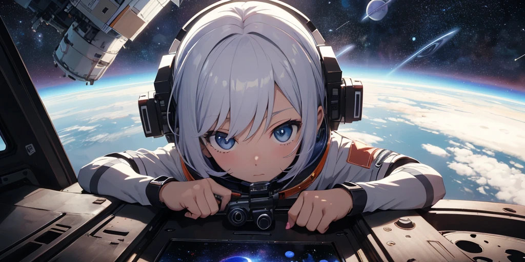 1girl, looking away from camera, short white hair, sleepy red eyes, eyelids almost closed, sleepy facial expression, hand on forehead, by Junji Ito, fisheye lens, thick (science fiction scene:1.1), dark fantasy, space, space station, selective focus